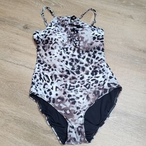 Carmen Marc Valvo Leopard Cheetah Beaded One Piece Halter Swim Swimsuit Bathing